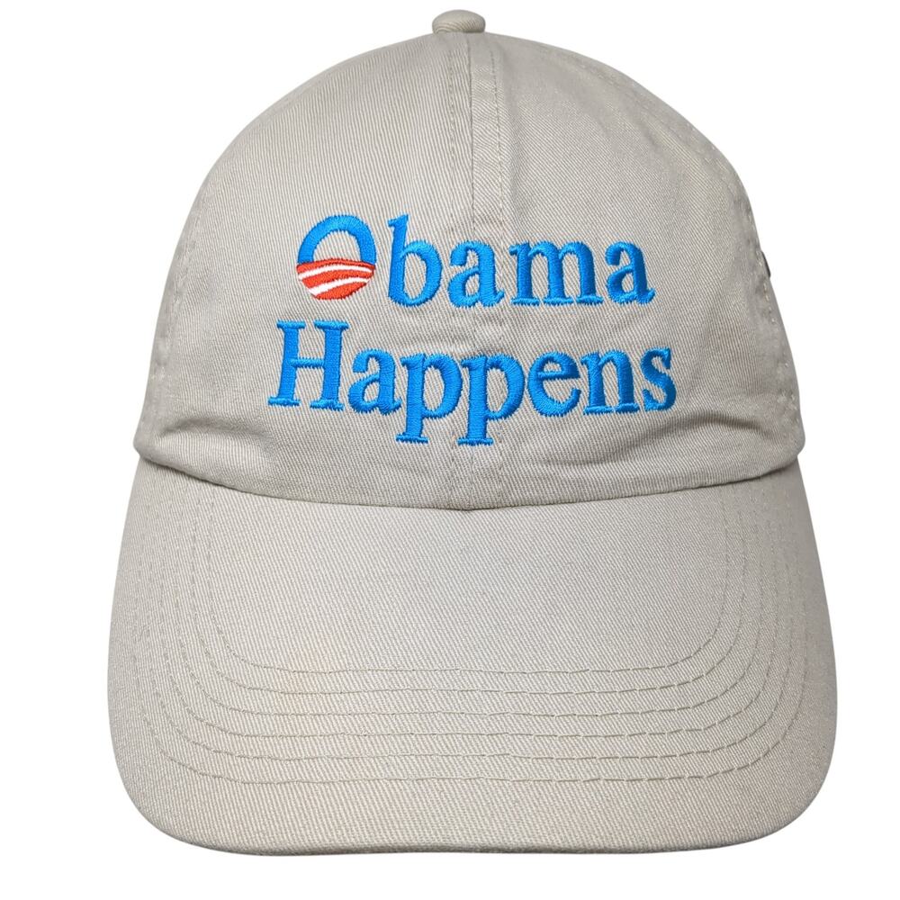 Obama Happens Slideback Hat Beige One Size Solid Embroidered Harriton